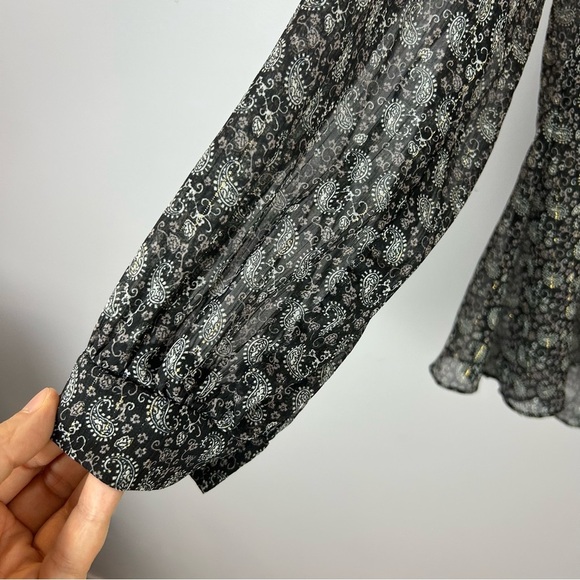 Zara Sheer Metallic Black Buttoned Long Sleeve Blouse Size XL - Picture 5 of 9